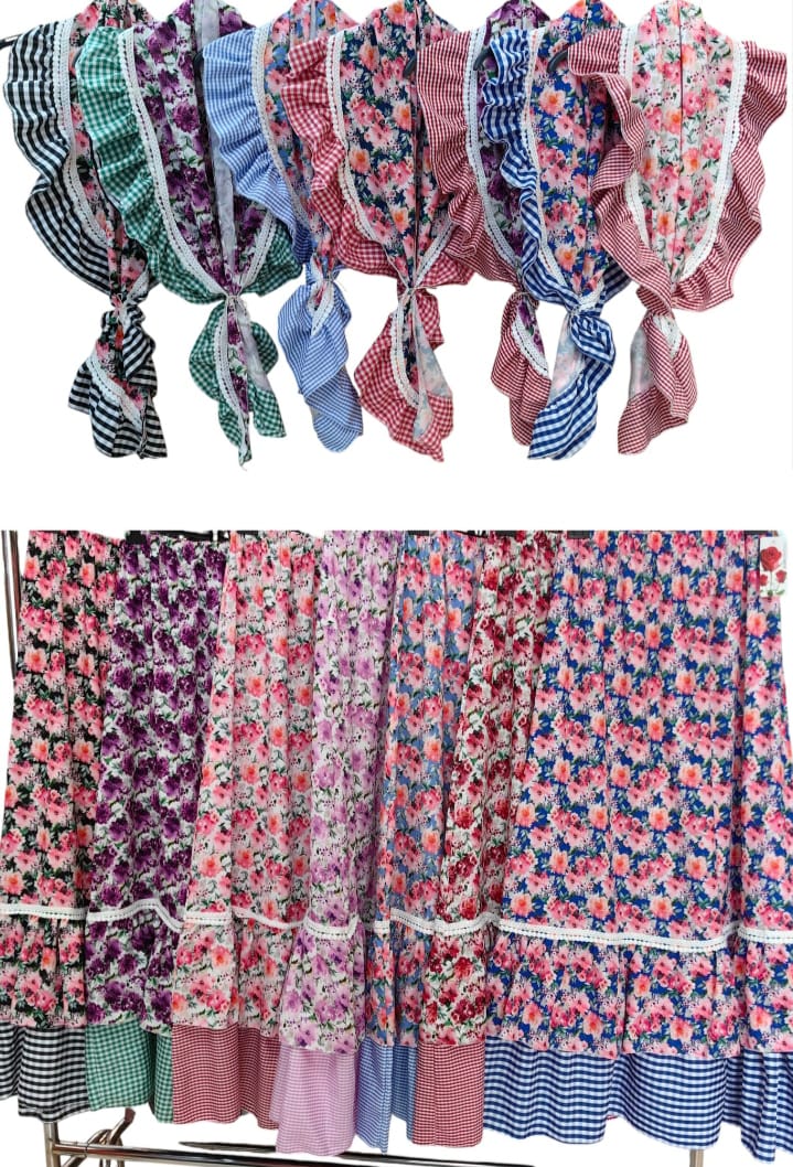 CONJUNTO DE FALDA MAS PIQUILLO DE FLAMENCA ESTAMPADA DE FLORES CON DOBLE VOLANTE VICHY