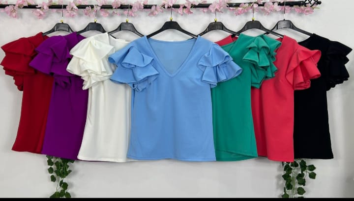 CAMISA FLAMENCA MANGA CORTA CON VOLANTES ELASTICA