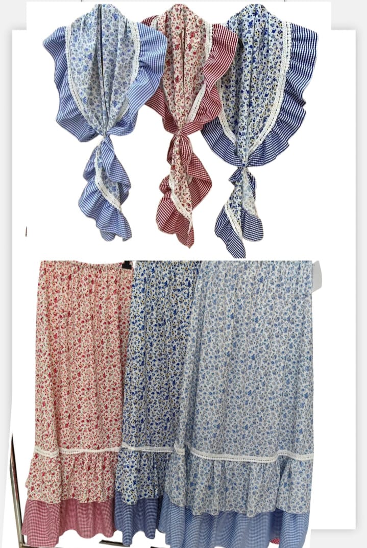 CONJUNTO DE FALDA MAS PIQUILLO ESTAMPADO CON DOBLE VUELO VICHY