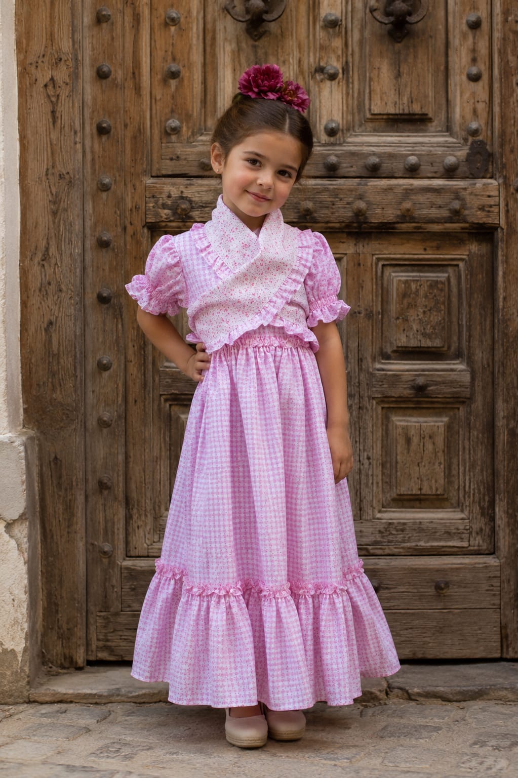 BATA FLAMENCA NIÑA VICHY ROSA