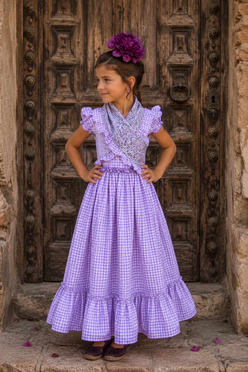 BATA FLAMENCA NIÑA VICHY CON PIQUILLO COLOR LILA