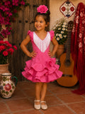 VESTIDO MODELO MARISOL CON FLECOS FUCSIA