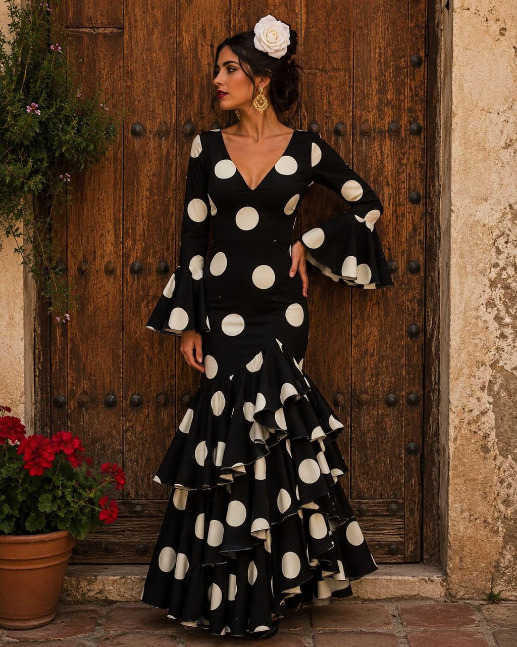 VESTIDO DE FLAMENCA LUNAR DE GALLETA NEGRO CON LUNAR BLANCO