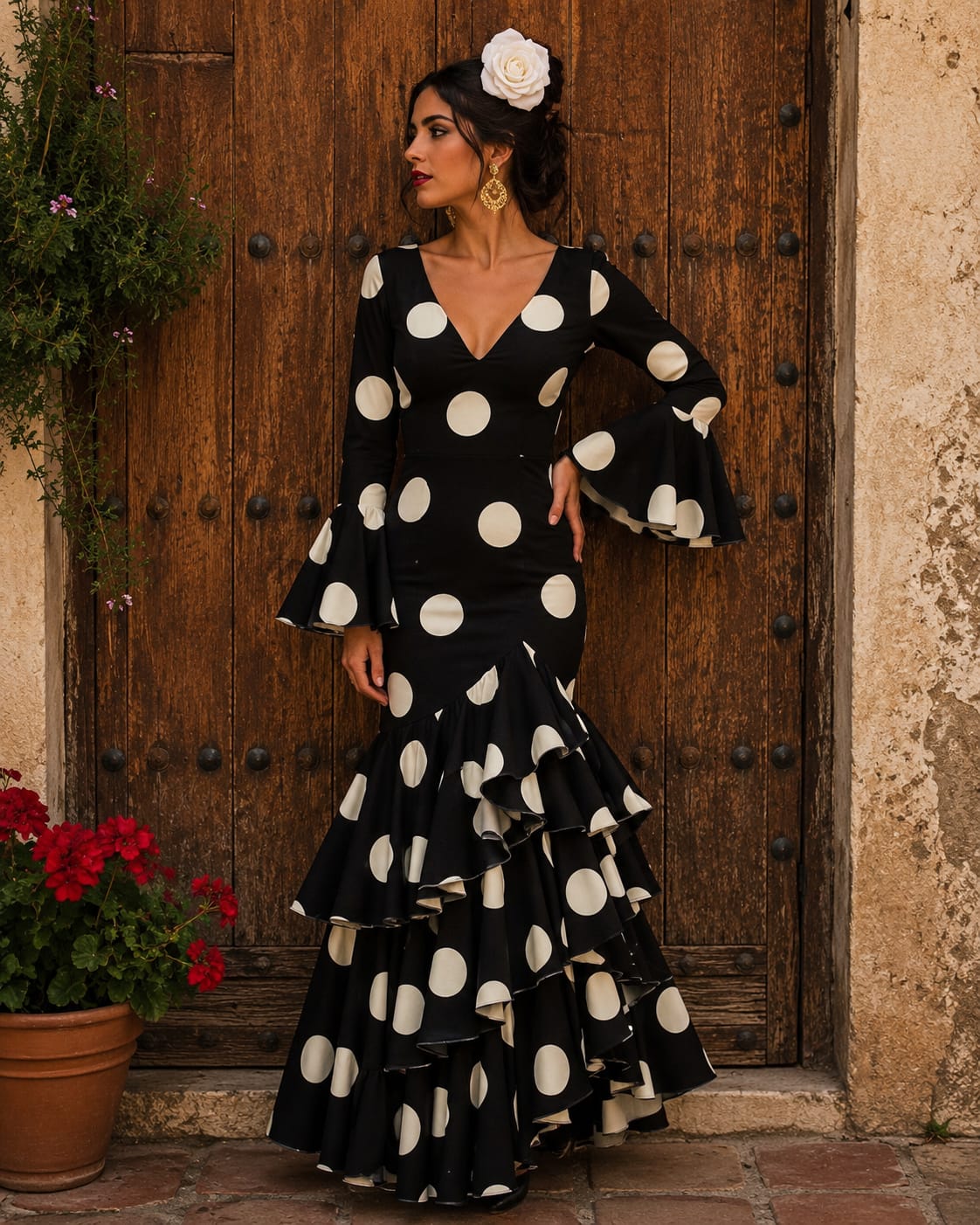 VESTIDO DE FLAMENCA LUNAR DE GALLETA NEGRO CON LUNAR BLANCO