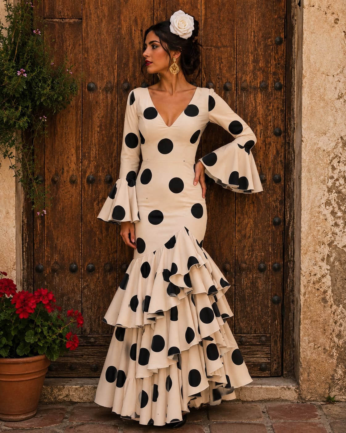 VESTIDO DE FLAMENCA BEIGE CON LUNAR DE GALLETA NEGRO