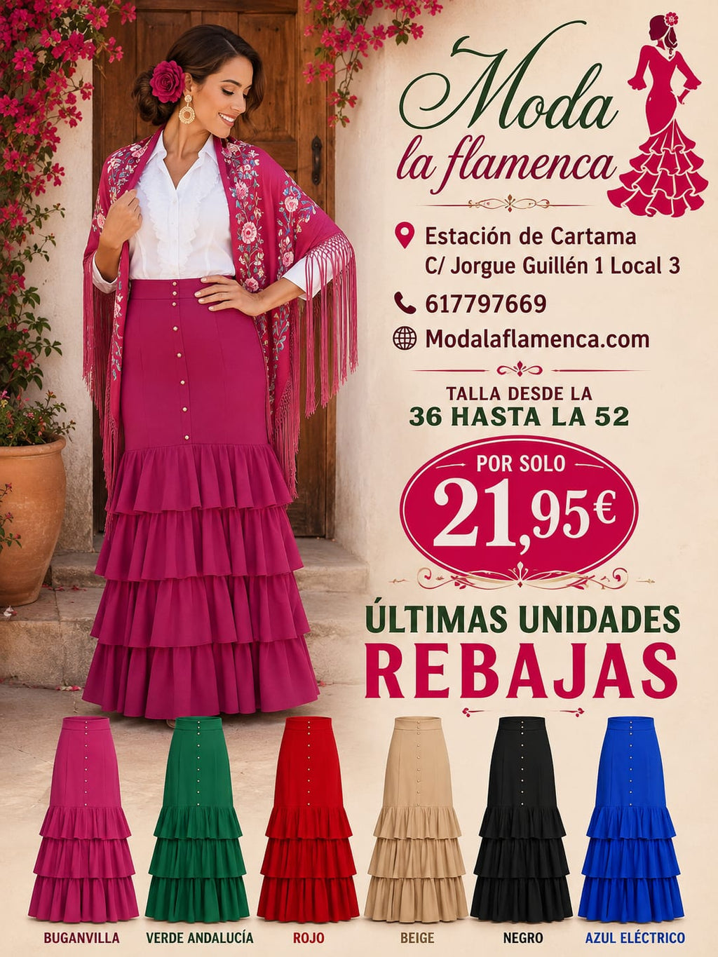 FALDA FLAMENCA VOLANTES RECTOS CON ADORNO DE BOTONES
