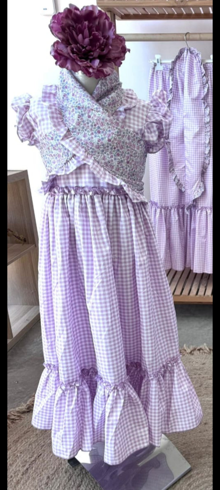 BATA FLAMENCA NIÑA VICHY CON PIQUILLO COLOR LILA