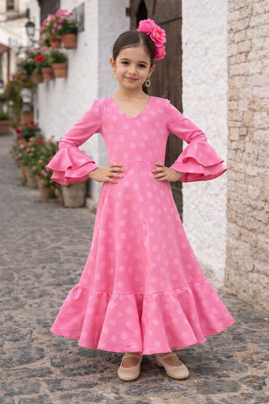 BATA DE FLAMENCA PARA NIÑA CON LUNARES BROCADOS