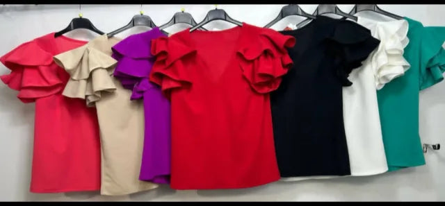 CAMISA FLAMENCA MANGA CORTA CON VOLANTES ELASTICA